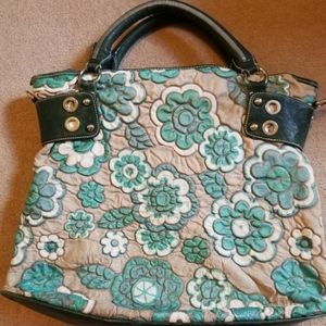 ROXBURY Genuine Leather Blue Floral Handbag Satchel XL